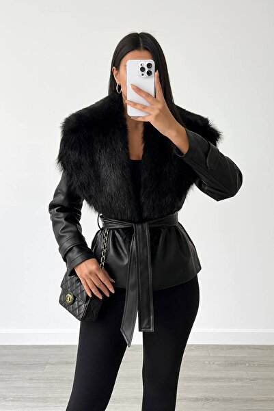 D'RECCY Jachetă de piele pentru femei, cu guler de blană și curea în talie