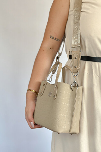 Just Polo Premium Embossed Printed 4 Compartment Women's Hand and Shoulder Bag - 24X24Cm 4095 Jeans