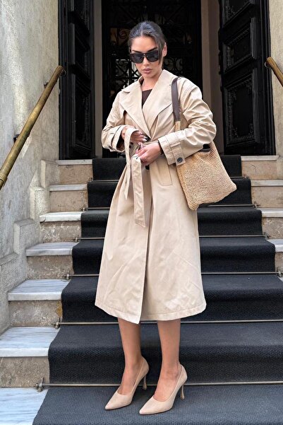 Madmext Bej Düğmeli Kruvaze Yaka Kadın Uzun Trençkot Mg2510