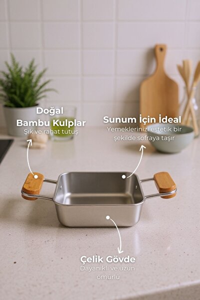 Bambum Cesta Bambu Kulplu Çelik Sunum Tavası Kare Küçük