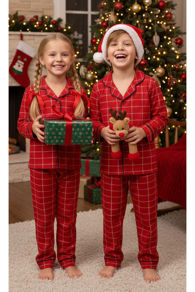 vitmo Children's Long Sleeve Buttoned Pajama Set Mia Checkered Red, New Year Pajamas