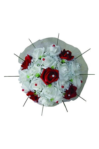 OEM Buchet de Mireasa Artificial din Trandafiri Albi si Rosii, cu fire de Iarba