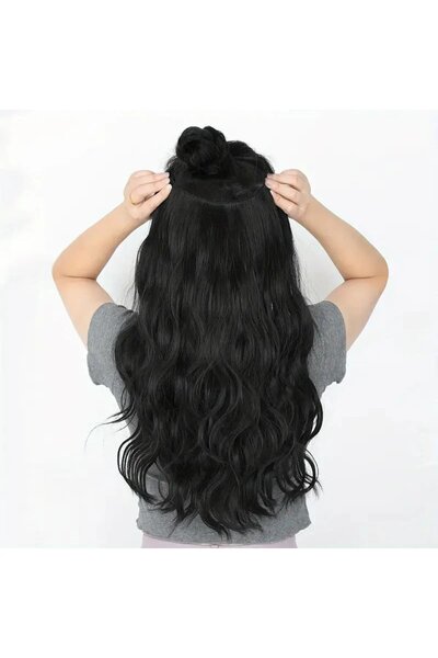 Zeysum Koyu Siyah Saç Dalgalı Çıtçıtlı Postiş Takma Saç 60cm 110gr Isıya Dayanıklı Yarımay