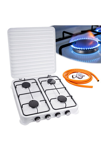 OEM Aragaz 4 ochiuri, alimentare butelie, alb, portabil, cu furtun si reductor