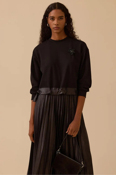 SEÇİL siyah deri piliseli elbise kadın