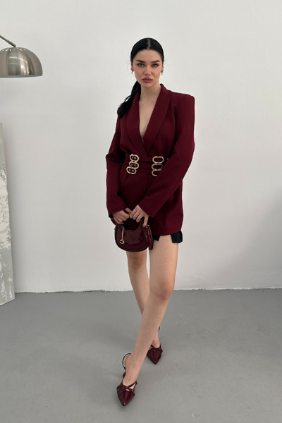 AKD Atelier Kadın Blazer Ceket Şık Kruvaze Yaka Vatkalı Gold Kemer Detaylı Ceket