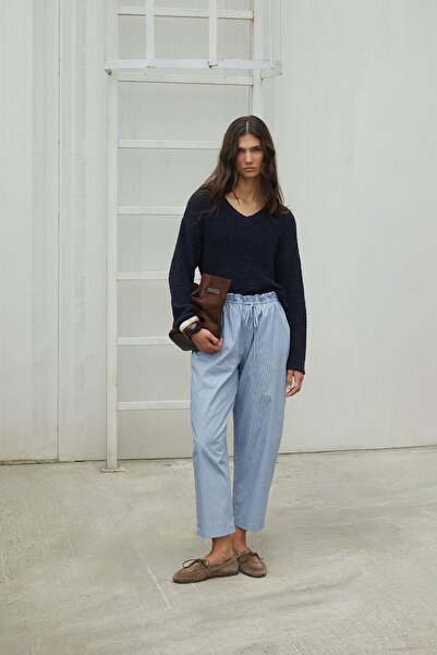 MARKALİSTE Blue striped poplin pants with waist detail