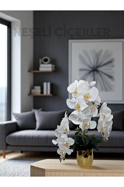 NEŞELİ ÇİÇEKLER Yapay Çiçek Beyaz Islak Orkide 3 Dallı Lüks Gold Metal Saksıda 55 cm Dekoratif Hediye Çiçek