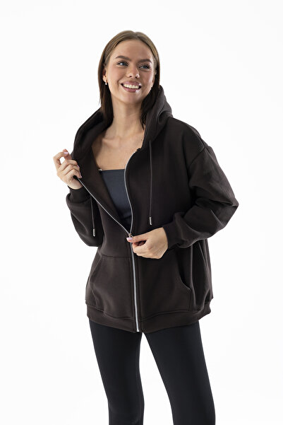 GİYSA Дамска суитшърт с качулка и цип с 3 ленти, кафяв - 9015 - 264401