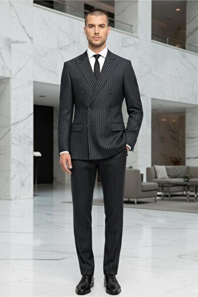 CLISHE Erkek Kruvaze Çizğili Slim Fit Takım Elbise