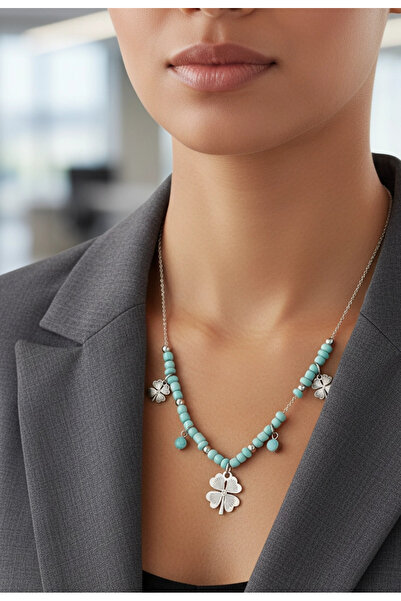 Rednose Turkuaz Taşlı Yonca Çelik Kolye modern stil gece günlük abiye zarif şık