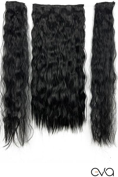 Zeysum 3 lü Set - Siyah Yarımay Saç Su Dalgalı Çıtçıtlı Ekstra Yoğun Postiş 60 Cm 160 gr 2 Yan Postiş