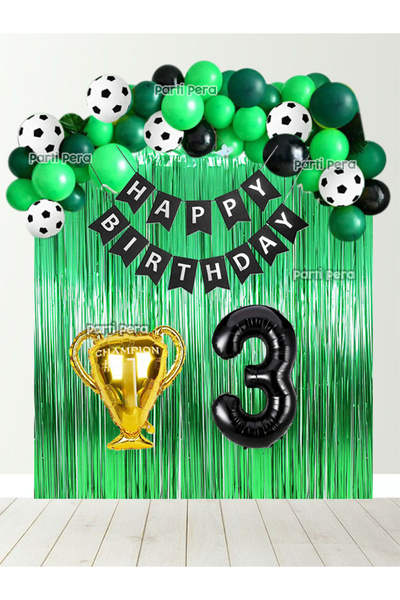 parti pera Futbol Temalı Doğum Günü Balon Seti Yeşil Arka Fon Perde Siyah Rak...