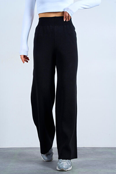 LOOSH Kadın Siyah Yüksek Bel Lastik Detaylı Geniş Paça Triko Pantolon