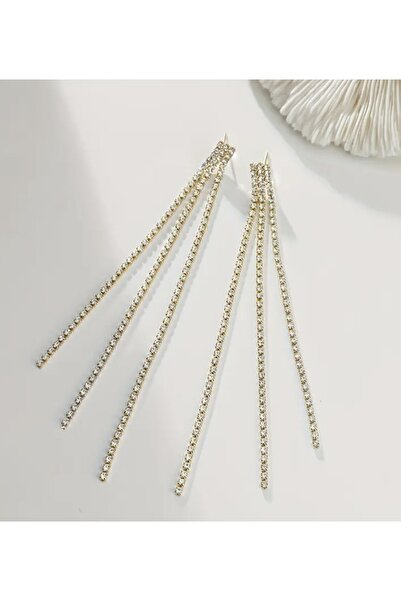 ER TAKI Taşlı Gold Renkli Uzun Sallantılı Püsküllü Şık Parti Nişan Kına Nikah Düğün Abiye Küpe