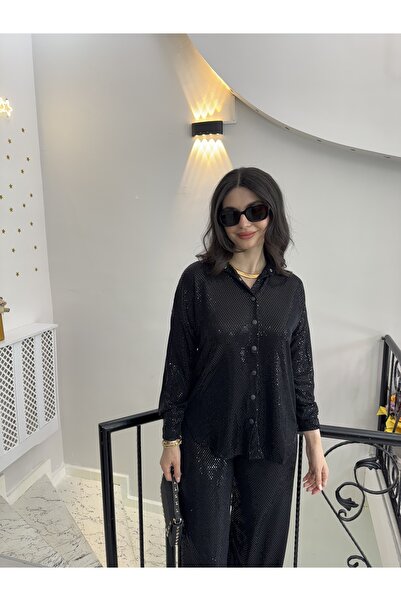 Butik Siyah payetli kumaş çıtçıtlı gömlek beli lastikli payetli pantolon ikil...