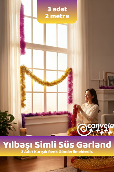 Bee Games 3 Adet Karışık Renklerde 2 Metre Garland Yılbaşı Simli Boyun Ipi Pa...