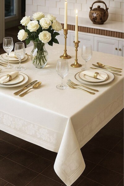 Zeria Home مفرش طاولة مقاوم للرطوبة من الدانتيل الكريمي - 160x220