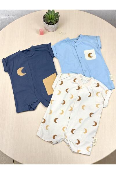Necix's Altıntaş Baby Moon Patterned 100% Cotton Baby Boy 3-Piece Combed Cotton Shorts Jumpsuit