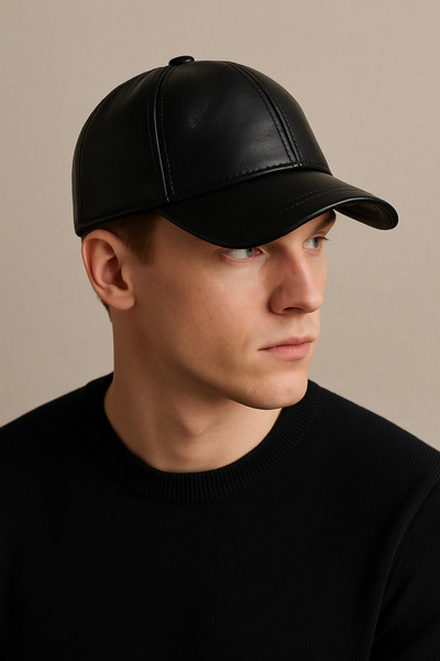 CosmoOutlet Мъжка черна шапка от естествена кожа с регулируема задната част