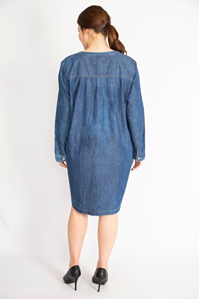 Şans Жіноча темно-синя сукня великого розміру з ефектом прання, з переднім клапаном на кнопках, джинсова тканина 65n36397