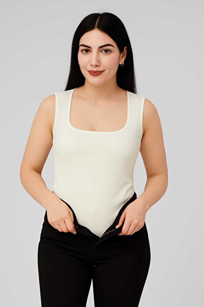 Maison La Femme Lined Zero Sleeve Square Neck Low-Cut Snap Bodysuit Ecru