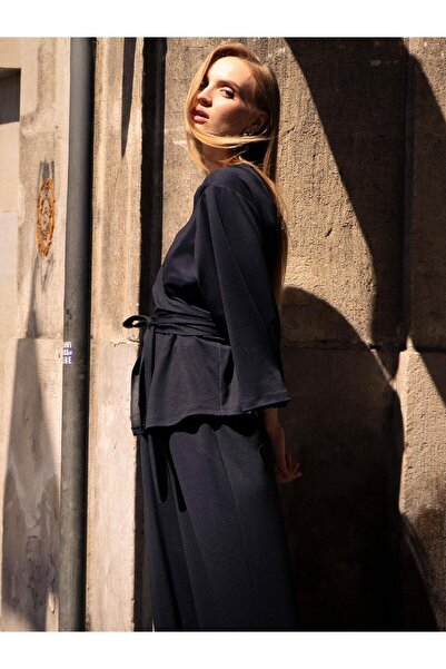 RİVUS Double-Breasted Collar Flowy Blouse with Tie Detail - Navy Blue