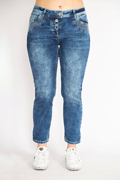 Şans Жіночі темно-сині джинсові штани великого розміру з вишивкою з ефектом л...