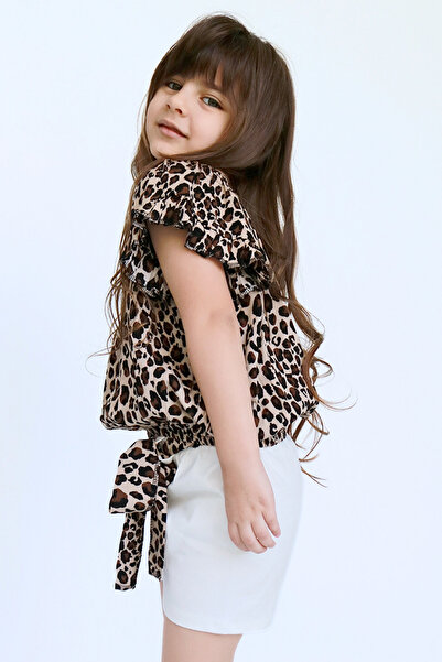 Parla Kids Girl Viscose Leopard Madonna Collar Bandana Top and Bottom Set with Shorts