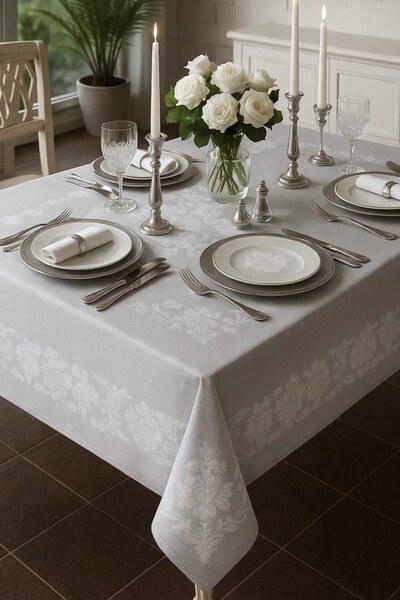 Zeria Home مفرش طاولة منقوش بالدانتيل مقاوم للبقع باللون الرمادي - 160x220