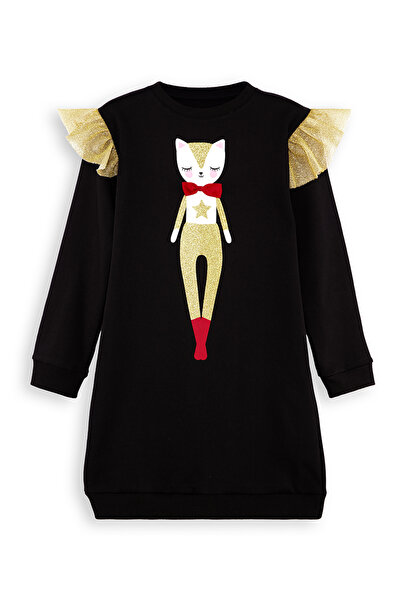 Denokids Simli Kedi Kız Çocuk Siyah Elbise