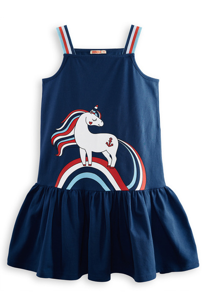 Denokids Denizci Unicorn Lacivert Kız Çocuk Elbise