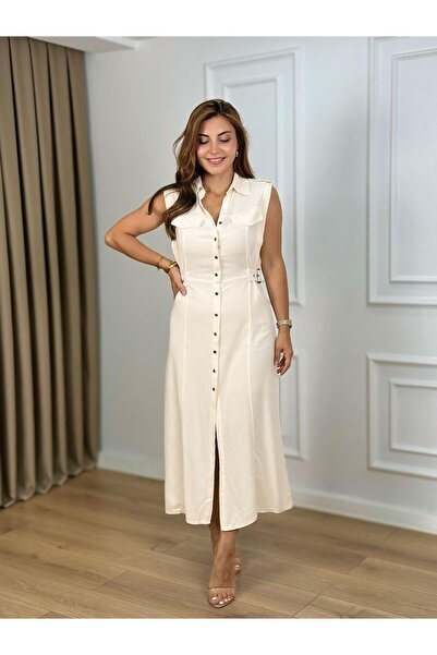 DISHI FASHİON Φόρεμα πουκάμισο από βαμβακερό λινό ύφασμα με ζώνη μέσης με κουμπιά Zero Collar