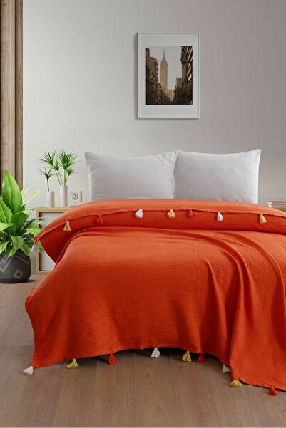 home otanticca Püsküllü Çift Kişilik Pike Yatak Örtüsü Oranǰ (Turuncu)