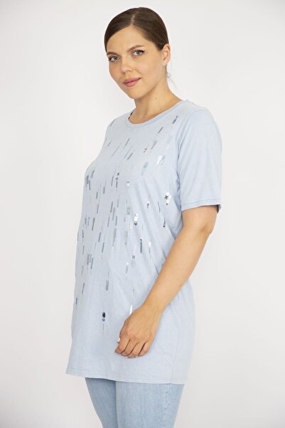 Şans Γυναικεία μπλούζα με γιακά ποδηλάτου με κεντητή πέτρα Baby Blue 65n36705