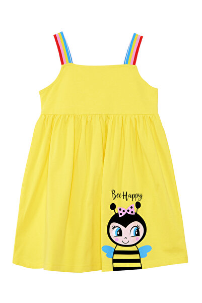 Denokids Arı Kız Çocuk Askılı Fırfırlı Sarı Kız Yazlık Elbise