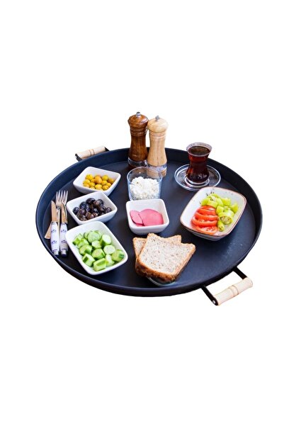 morponi Galvanized 51 cm Round Tray with Black Wooden Handles