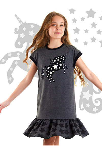MSHB&G Unicorn Patterned Starry Gray Girl's Summer Dress - Ruffled