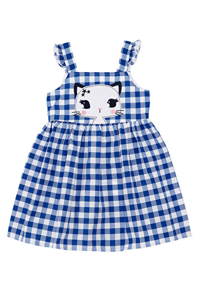 Denokids Lacivert Yıldız Kedi Kız Çocuk Ekose Yazlık Askılı Elbise