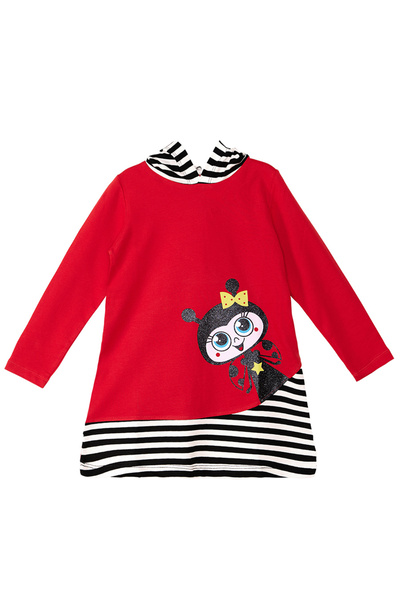 Denokids Uğurböceği Kapişonlu Çizgili Uzun Kollu Kız Çocuk Kırmızı Elbise