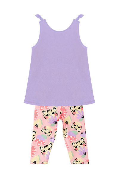 Denokids Kedili Çiçekli Kolsuz Kız Çocuk Yazlık Tunik T-shirt Tayt Takım