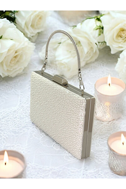 MidStore Porcelain Pearl Ecru Color Metal Handle Crystal Stone Evening Dress ...