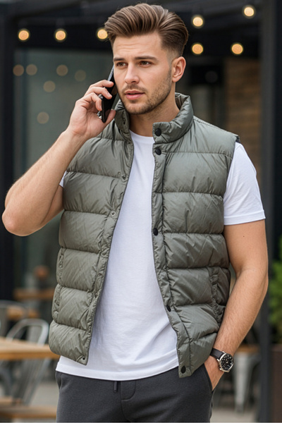 modacix Vestă pufă Slimfit - Vestă pufă pentru bărbați kaki