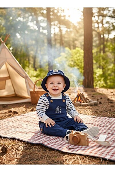 ALTINTAŞ BABY Embroidered Button Detailed Safari Hat Stripe Printed Sweatshirt Salopet Baby Boy Set