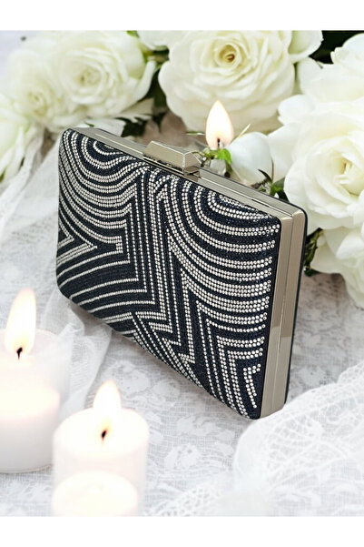 MidStore Navy Blue Silver Color Crystal Stone Evening Dress Bag Kına