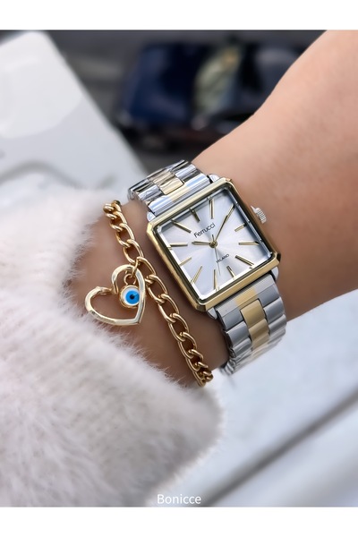 Ferrucci العلامة التجارية، سوار فولاذي، ساعة يد نسائية فضية اللون أصفر مع سوا...