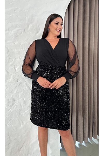 Butik Nilyam Βραδινό φόρεμα μεγάλου μεγέθους μαύρο μίντι - Διπλό γιακά και μανίκι με παγιέτες από τούλι 24155