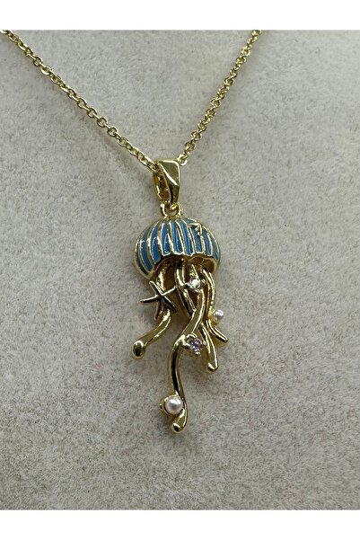 tassa aksesuar Mavi taşlı deniz anası gold çelik kolye