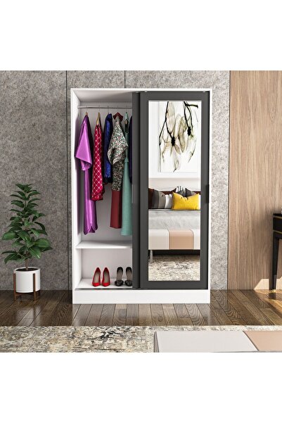 TUMBLERA Berceste Antrasit Beyaz 2 Sürgü Kapaklı Aynalı 8 Bölmeli Dolap Gardırop