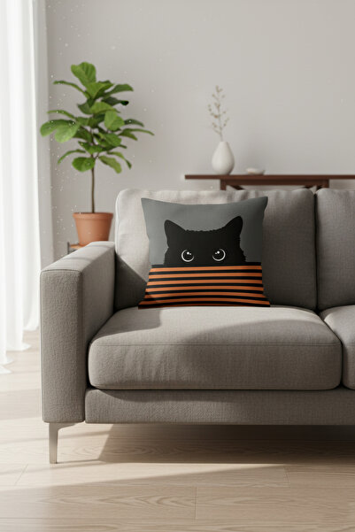 Buemshop Hidden Paws Orange Gri Zemin Turuncu Siyah Çizgili Kedi Desenli Deko...